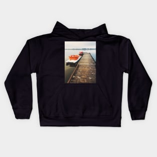 Two Paddleboats Tied to Wooden Pier in Early Morning Light Kids Hoodie